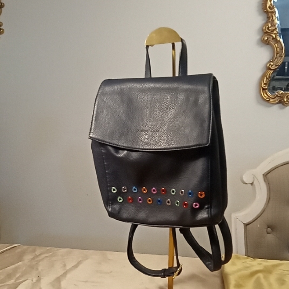 Deep Blue Navy Leather Backpack with Colorful Studs